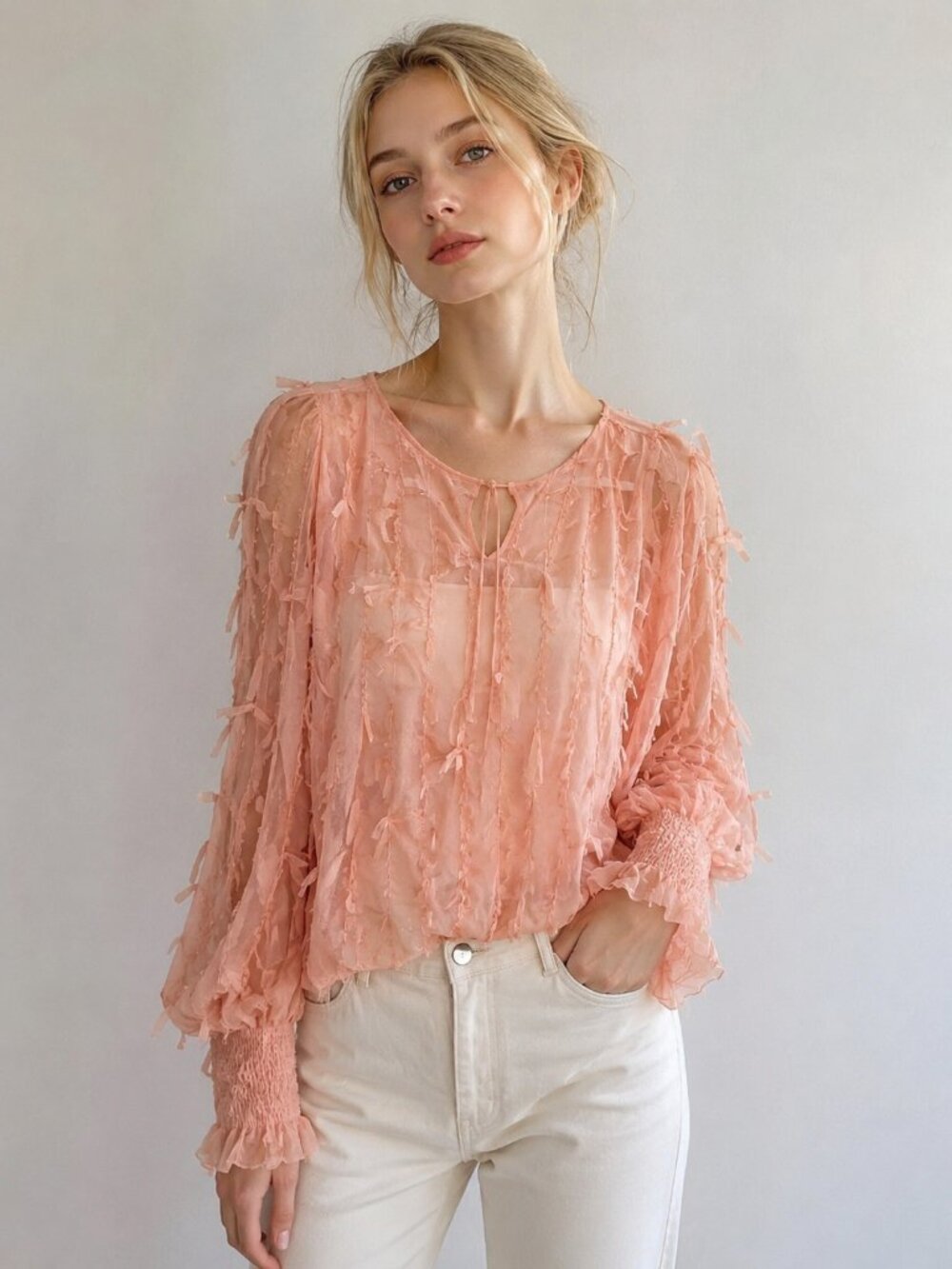 Zara Blush Peach Sheer Ruffle-Detail Blouse